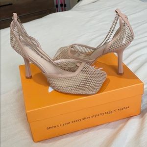 Public Desire Nude Fishnet Chain Heels